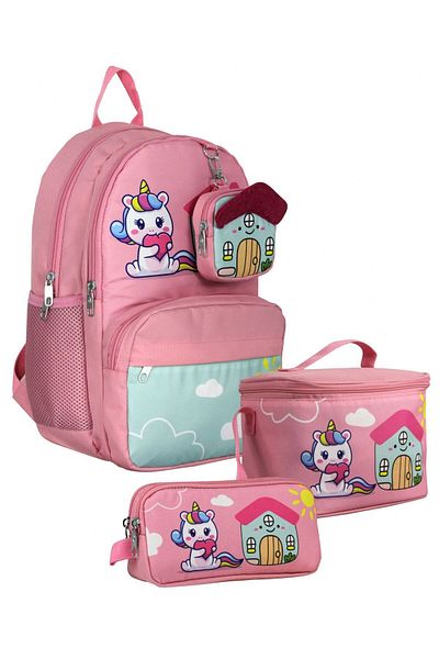 Cennec Setumt5051A Triple Primary School Bag Set (Pink Green - Unicorn - Girl - Cute Keychain Included)