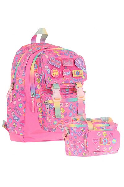 KAUKKO L5237+L7237 Girl's Double School Bag and Lunch Bag Set - Pink - Embroidered Lettering