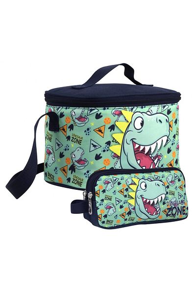Cennec Boy's Dinosaur Patterned Green Navy Blue Lunchbox and Pen Holder Set