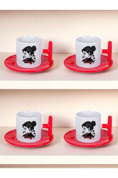 lili hediyelik Floral Women's Printed Set of 4 Turkish Coffee Cups