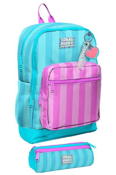 Coral High Special Four-Eye Backpack and Pen Holder Set for Primary School Girls - Turquoise Pink Striped