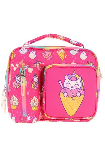 KAUKKO Girl's Red Ice Cream Patterned Thermo Three Compartment (Water Bottle Pocket) School Lunchbox L7227