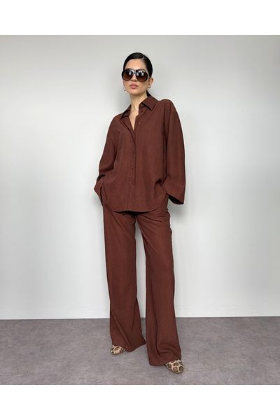 DEQ FASHION Women's Brown Color Crinkle Linen Shirt Trousers Double Suit