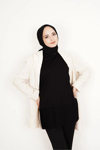 moda benna Πλισέ μαύρο γυναικείο πουκάμισο Hijab Πλισέ πλισέ μπλούζα μπλουζάκι μπλουζάκι