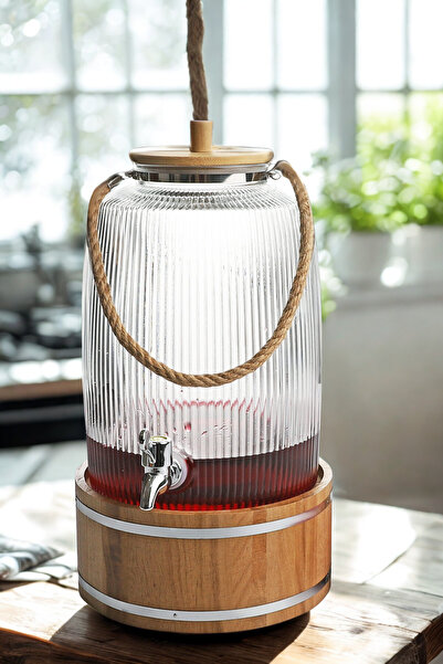 Manaferra Bambu Kapaklı Halatlı Musluklu Çizgili Cam Sebil Lohusa Şerbetlik K...