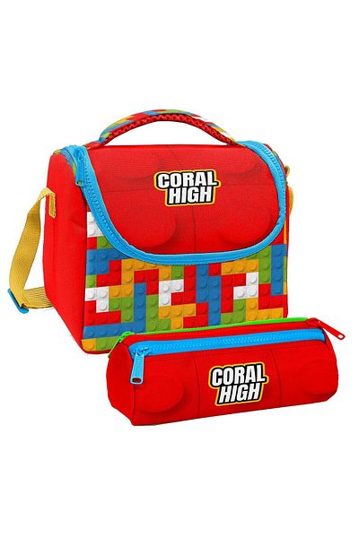 Coral High Boy's Red Building Blocks Thermo Lunchbox and Three Compartment Pen Holder Set