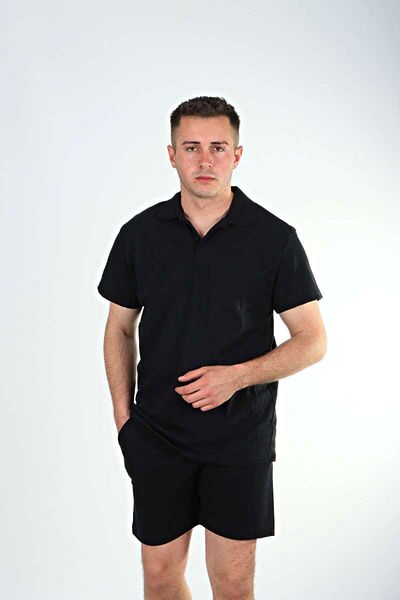 TURKUAZZCENTER Collared Pique Shorts Suit Black