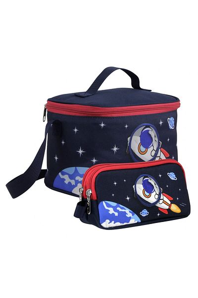 Cennec Boy's 3D Astronaut Patterned Navy Blue Red Lunchbox and Pen Holder Set