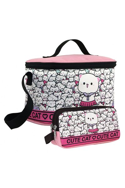 Cennec Girl's Cute Cats Patterned Pink and White Lunchbox and Pen Holder Set