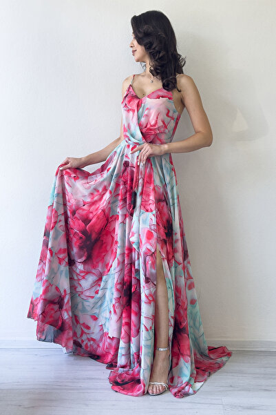 the ZKS Kadın Askılı Pembe Çiçek Desenli Uzun Yırtmaçlı Şifon Abiye Elbise