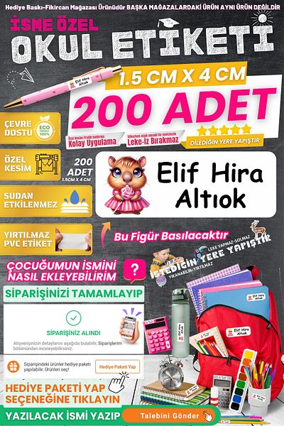 FİKİRCAN Fikircan-Name Custom School Label-Mrs Squirrel 200 Pieces - Odorless Ecological Ink Pvc Label