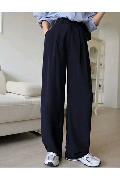 mor butik Purple Butik Women's Navy Blue Palazzo Oversize Casual Cut Pants Negy01001