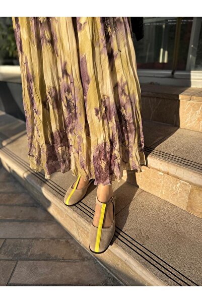 BABLACK حذاء باليه نسائي من جلد نوبوك الأصلي مزين بشريط أصفر