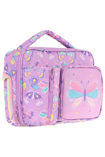 KAUKKO Girl's Lilac Butterfly Patterned Thermal Insulated Three Compartments (Water Bottle Pocket) School Lunch Bag L7222