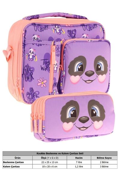 KAUKKO Kids Girl Purple Salmon Panda Patterned Three Compartment Lunch Box and Pen Holder Set (L7233+L8233)