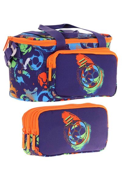 KAUKKO Lunchbox and Pen Bag Set - Men's - Navy Blue Orange Football Printed