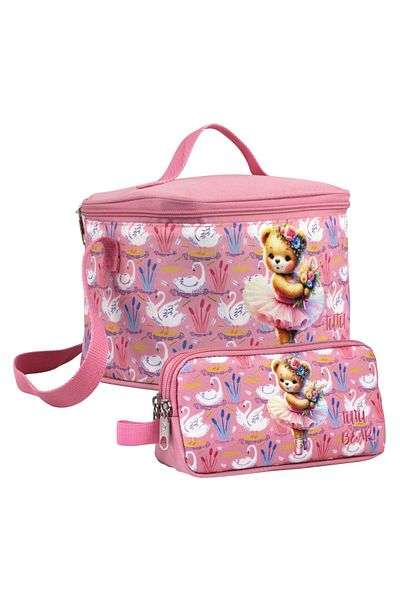 Cennec Girl's Ballerina Teddy Bear Patterned Pink Lunchbox and Pen Holder Set