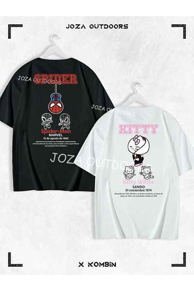 Joza Outdoors Femei Bărbați Kitty Spider Scris BACK Imprimat Cuplu Iubitori Combinație Tricou oversize Set 2 piese