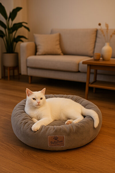 PuffyPaws Bagel Yuvarlak Kedi ve Küçük Irk Köpek Yatağı - Yumuşak Peluş Kumaş, Kaymaz Taban