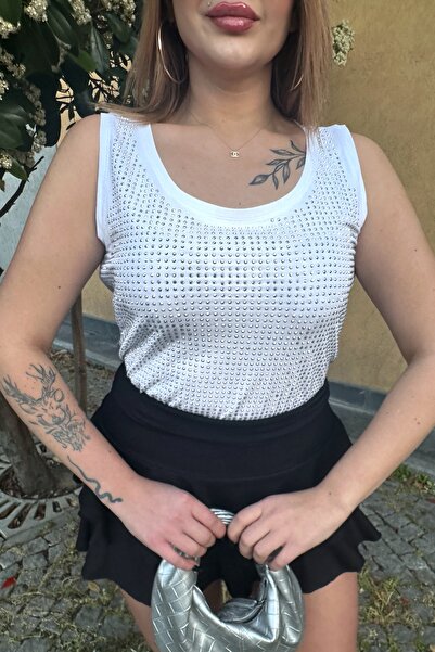 RICH GLAM All Crystal Stone Relaxed Fit Plus Size Sleeveless T-Shirt Women's Thick Strap Comfortable Stylish Tank Top