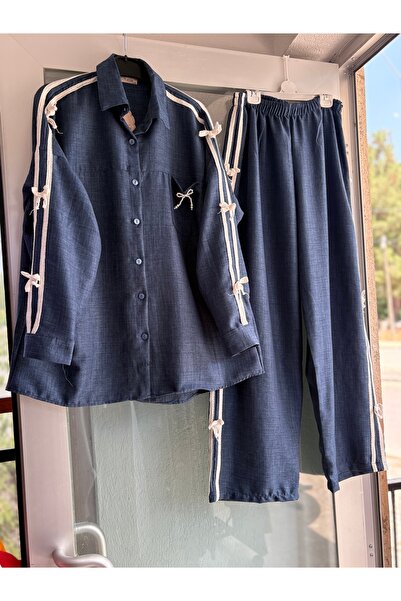 Butik Yazlık ince keten kurdele detaylarına sahip kot rengi ikili oversize ka...