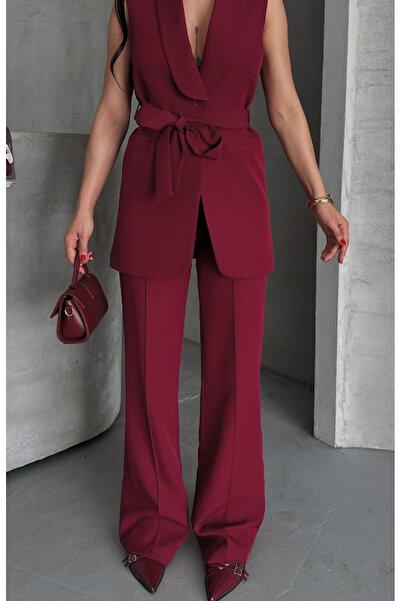 pembekurdelem Women's Shawl Collar and Belted Vest Trousers Suit Burgundy