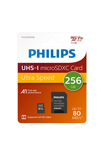 Philips Ultra Speed 256GB MicroSD Kart – UHS-I U1 | Class 10 | 80MB/s | SD Ad...
