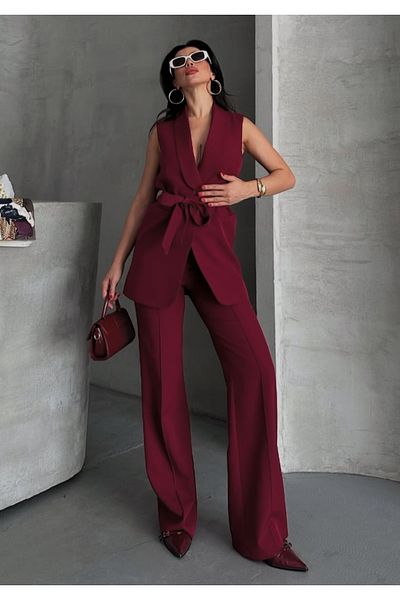 pembekurdelem Women's Shawl Collar and Belted Vest Trousers Suit Burgundy