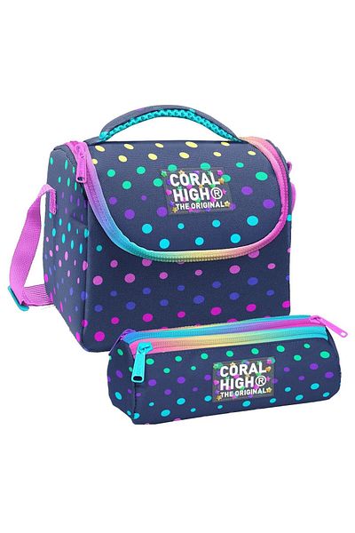 Coral High Girl's Polka Dot Navy Blue Thermo Lunch Box and Three Compartment Pen Holder Set