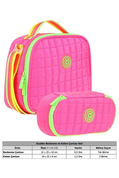 KAUKKO Quilted School Thermos Lunch Bag and Organizer Pen Holder Set - Girl - Pink Green