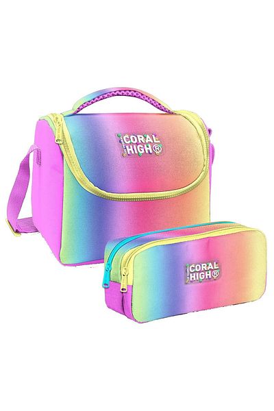 Coral High Set cutie de prânz cu model de linie albastru bleumarin și suport pentru creion cu două compartimente