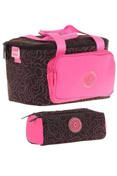 KAUKKO Set cutie de prânz termică cu două compartimente și geantă de creion pentru fete fucsia neagră (K9085+K2749)