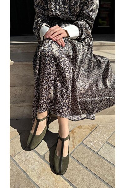 BABLACK Şerit Detaylı Hakiki Nubuk Deri Kadın Babet Haki