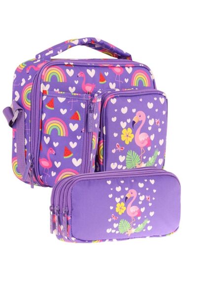 KAUKKO Kids Girl Pink Purple Flamingo Three Compartment Lunch Box and Pen Hol...