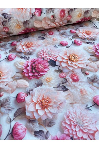 EDA HOME TEKSTİL Pembe-Somon Çiçek Desenli 3D Baskı %100 Pamuk Akfil Kumaş En...