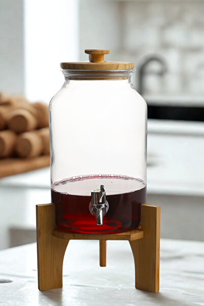 Manaferra Bambu Kapak ve Altlıklı Musluklu Cam Şeffaf Sebil Lohusa Şerbetlik ...