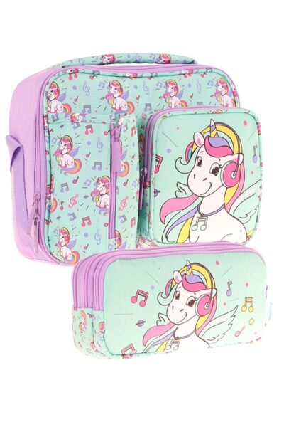 KAUKKO Kids Girl Turquoise Unicorn Printed Three Compartment Lunch Box and Pen Holder Set (L7234+L8234)