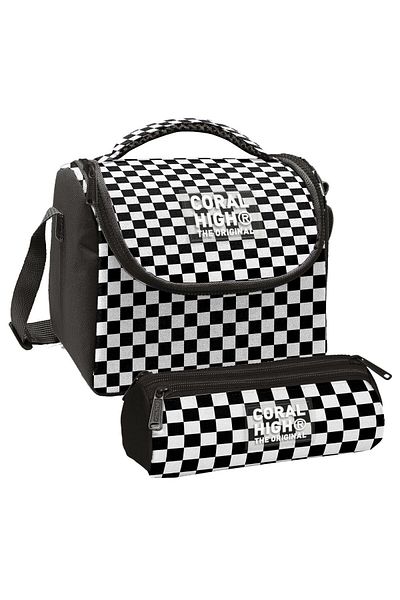 Coral High Girl's Black and White Checkered Thermo Lunchbox and Three-Compartment Pen Holder Set