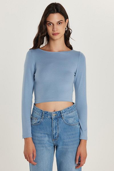 Tudors Bluză de damă, slim fit, subțire, din țesătură modală, cu mânecă lungă, cu decolteu, albastru deschis