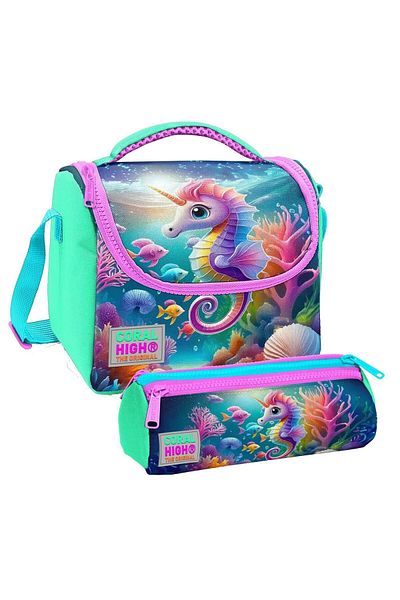 Coral High Girl's Water Green Seahorse Thermo Lunchbox and Three Compartment Pen Holder Set
