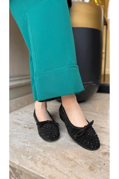 BABLACK Stone Embroidered Genuine Nubuck Leather Women's Ballerinas Black