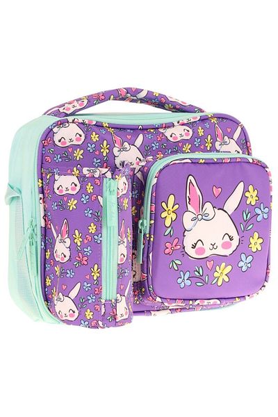 KAUKKO Girl Purple Green Rabbit Patterned Thermo Three Compartments (Water Bottle Pocket) School Lunchbox L7242
