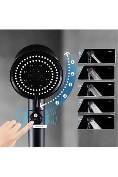 Mena Rise Diyar-Ifırsatshop Home Turbo Fan 5 Function Shower Head, Hand Shower Handshower, Black, Durdu