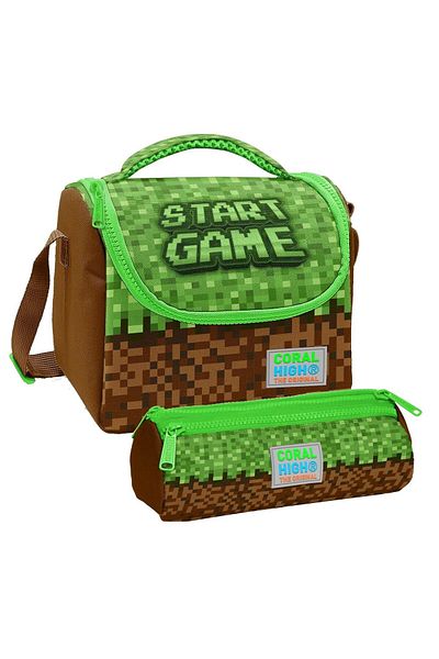 Coral High Boy's Green Brown Craft Thermo Lunchbox and Three Compartment Pen Holder Set