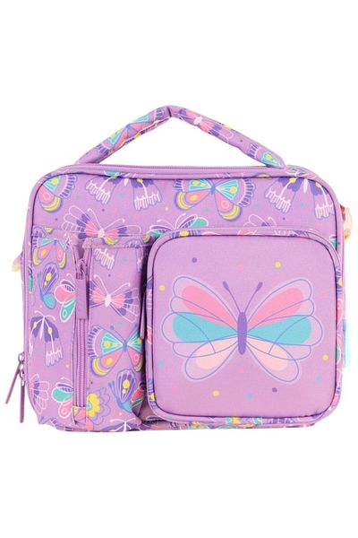 KAUKKO Girl's Lilac Butterfly Patterned Thermal Insulated Three Compartments (Water Bottle Pocket) School Lunch Bag L7222