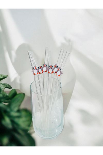 nazarboncuğu Glass Transparent Straw Sustainable Penguin Figured 6-Piece Glass Straw