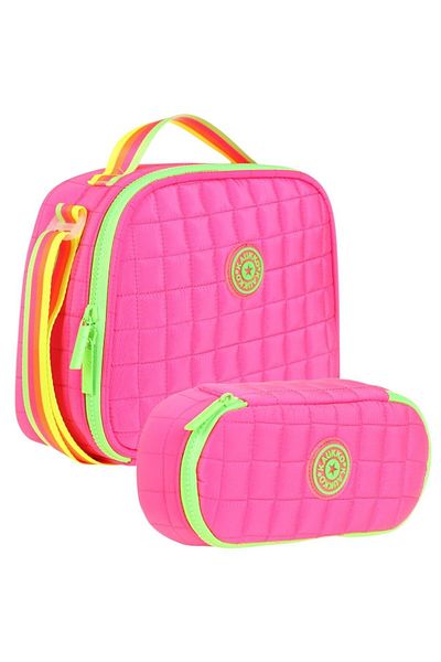 KAUKKO Quilted School Thermos Lunch Bag and Organizer Pen Holder Set - Girl - Pink Green