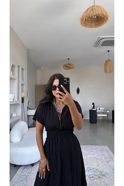 Buket Teke Black Zippered Wrinkle Effect Dress