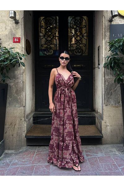 HARMONY GLOBAL Ethnic Patterned Burgundy Double Breasted V-Neck Long Summer Dress – Strap, Elastic Back, Belted 7413