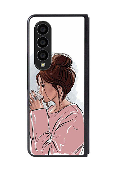 Covernex غطاء حماية لهاتف سامسونج جالاكسي زد فولد 4، رسم فتاة تشرب الشاي
